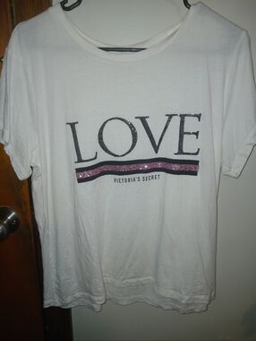 Victoria's Secret White Tee with Black Glitter 'LOVE' and Pink Stripe